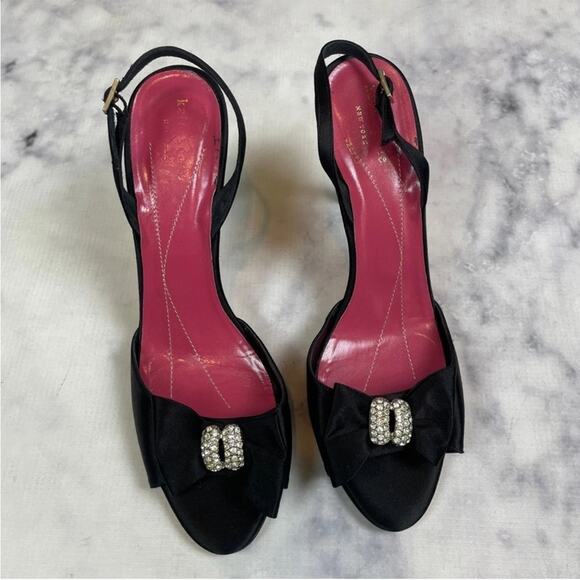 Kate Spade Happily Black Satin Slingback Heels Rhinestone Bow Evening Shoes - Picture 3 of 9